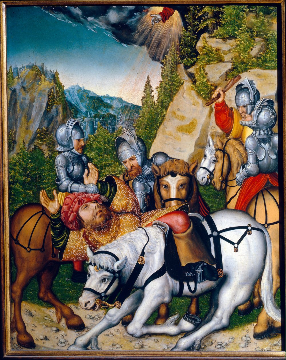 التحويل على طريق دمشق (سوريا). (التحول في الطريق إلى دمشق). القديس بولس (شاول) من طرسوس (حوالي 8 - ج 67). لوحة لوكاس كراناش الأصغر (1515-1586) ، زيت على خشب. الفن الألماني بواسطة لوكاس الأصغر حجما