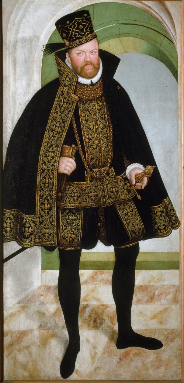 صورة للناخب الأمير أوغسطس الأول ملك ساكسونيا الملقب بالتقوى (1526-1586) "لوحة للوكاس كرانش الشاب (1515-1586) 1565 صن. 215x104 سم متحف فيينا Kunsthistorisches بواسطة لوكاس الأصغر حجما