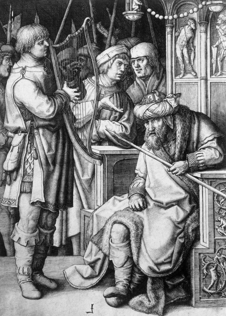 ديفيد يعزف على القيثارة أمام الملك شاول ، حوالي 1508 ، بقلم لوكاس فان ليدن (1494-1533) ، نقش بواسطة لوكاس فان ليدن