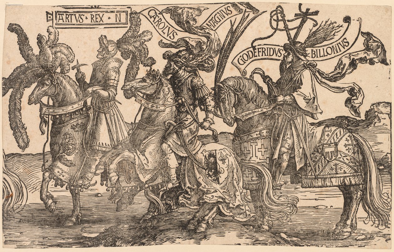 الأبطال التسعة: آرثر ، شارل شارلمان العظيم ، Godfrey of Bouillon ، 1515-1517. بواسطة لوكاس فان ليدن