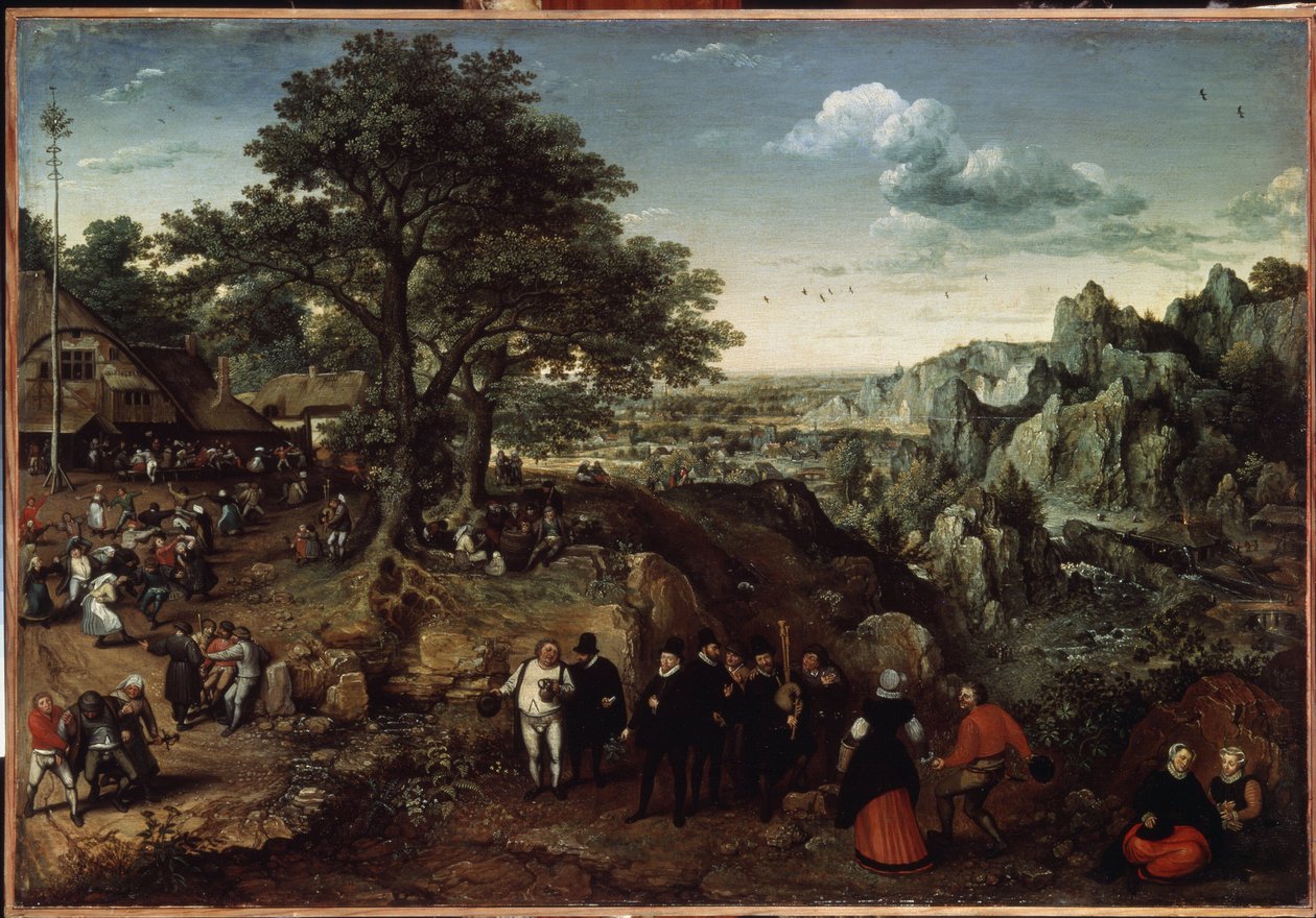 منظر طبيعي مع احتفال ريفي (منظر طبيعي مع احتفال ريفي). لوحة لوكاس فان فالكنبورش (1530-1597). زيت على قماش ، 48.5 × 73.4 سم ، أواخر عام 1580 وأوائل عام 1590. الفن الهولندي ، فن الباروك. متحف هيرميتاج ، سانت بطرسبرغ. بواسطة لوكاس فان فالكنبورش