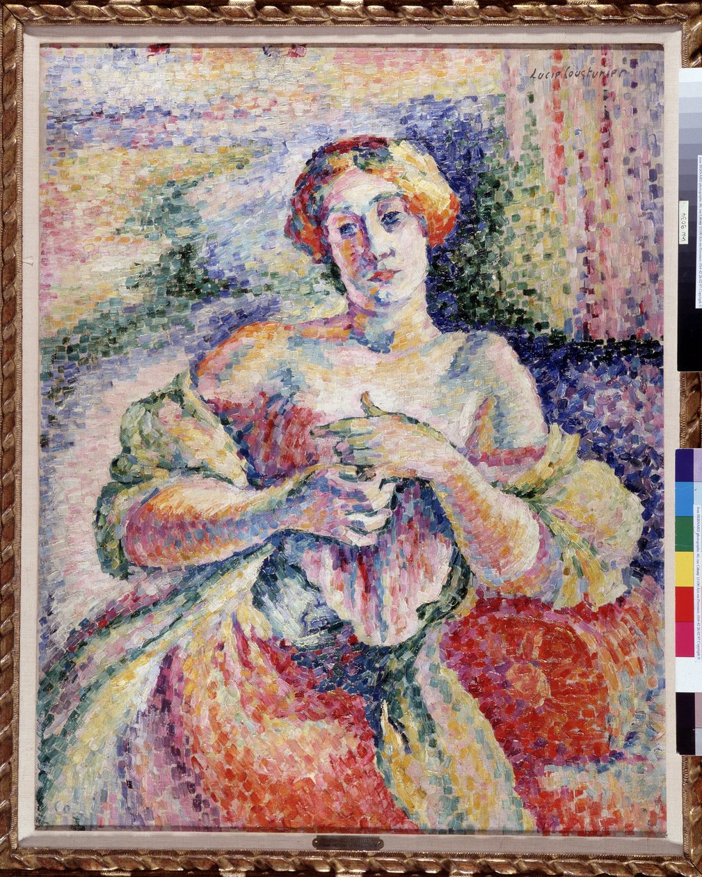 امرأة بالوردي والأزرق أنيقة شابة مع كتف عاري. لوحة لوسي كوستورييه (1870-1925) 1908 خافت. 93x73 سم إشارة إلزامية: مجموعة مؤسسة بخصوص بروفانس ، مرسيليا بواسطة لوسي كوستورييه