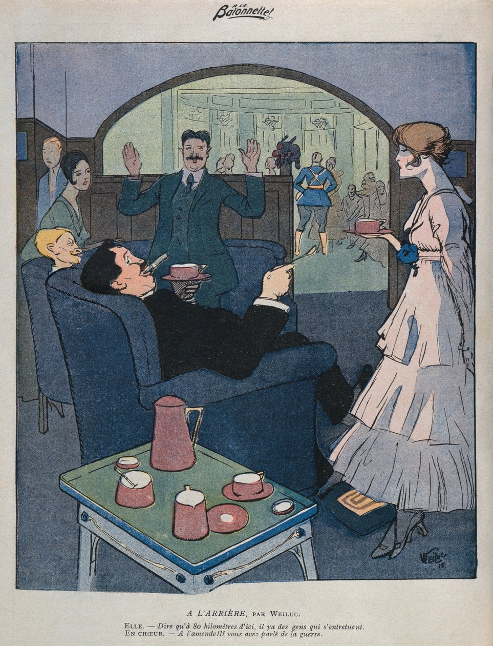 على الجبهة الداخلية، رسم توضيحي من "La Baionnette"، الثاني من سبتمبر عام 1915 (ليثو ملون) بواسطة لوسيان هنري ويلوك