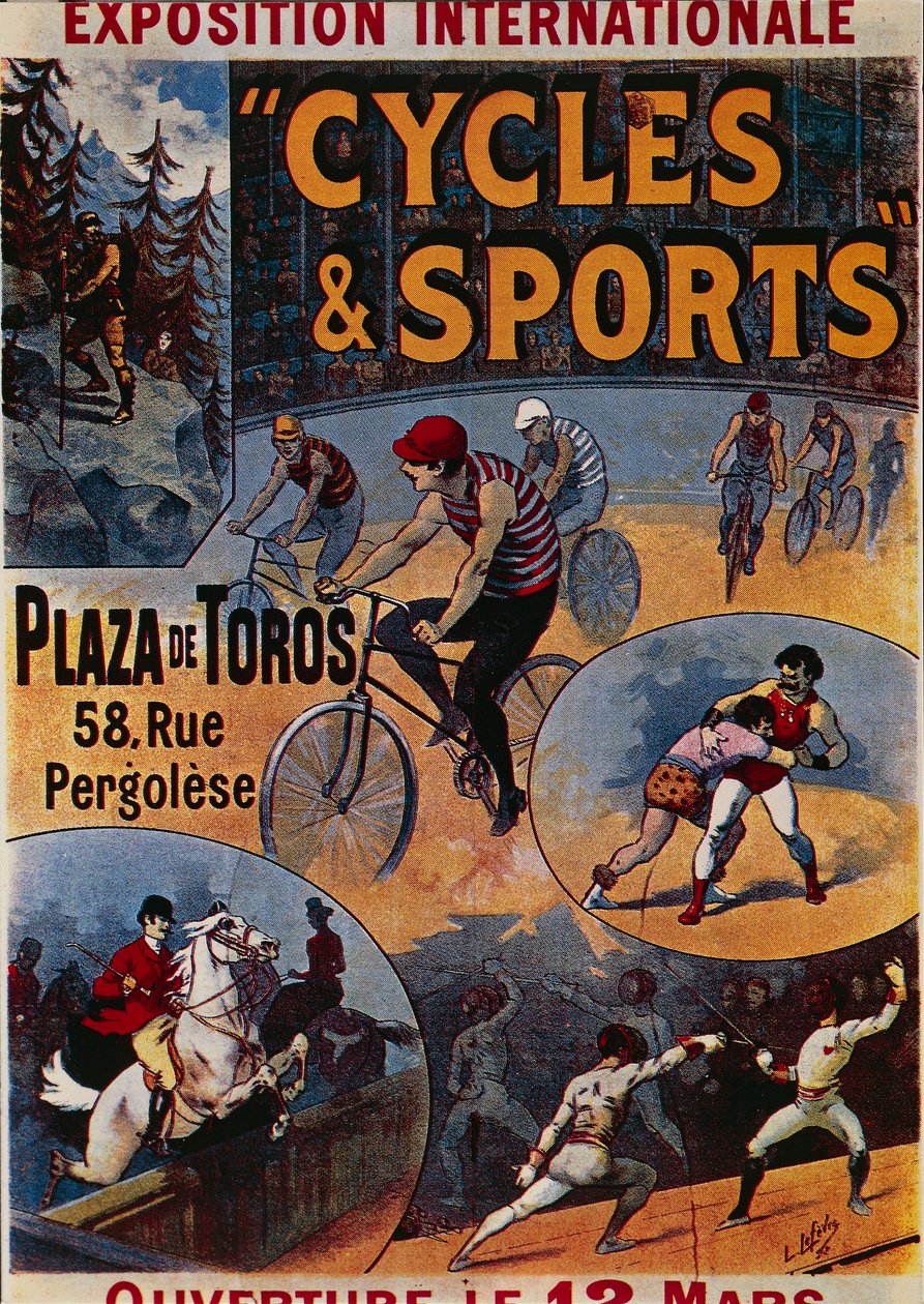 Exposition Internationale Cycles et Sports ، إعلان عن معرض دولي مخصص للرياضة ، رسم توضيحي بواسطة Lucien Lefevre ، ملصق بواسطة لوسيان لوفيفر