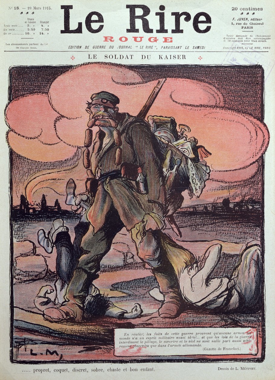 كاريكاتير جندي ألماني ، من الغلاف الأمامي لـ "Le Rire Rouge" ، 20 مارس 1915 بواسطة لوسيان ميتيفيت