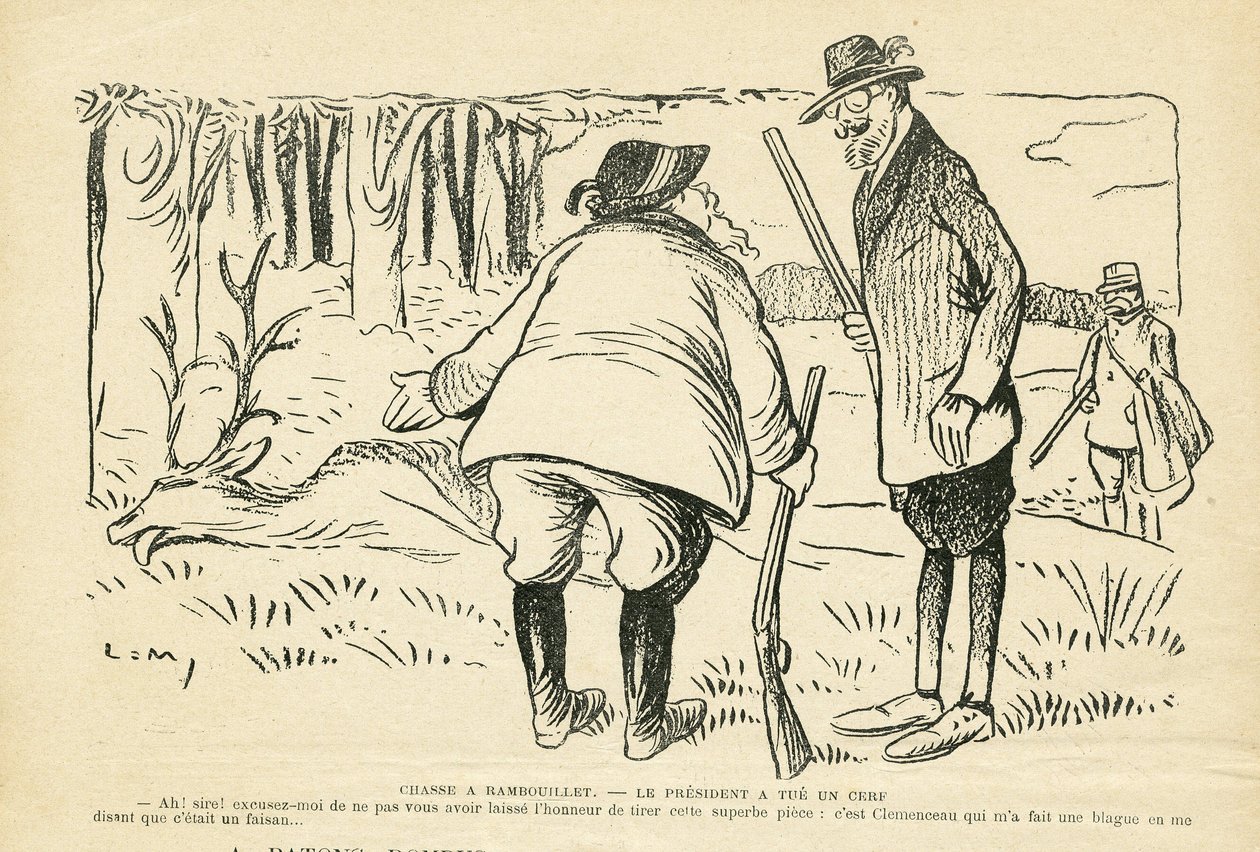 رسم توضيحي في Le Rire ، 12/05/08 - Chasse a Rambouillet - Nature Vegetation ، Chasse Hunter ، رئيس الجمهورية ، Rambouillet - Clemenceau Georges ، Fallieres Armand (1841-1931) ، Cerf بواسطة لوسيان ميتيفيت