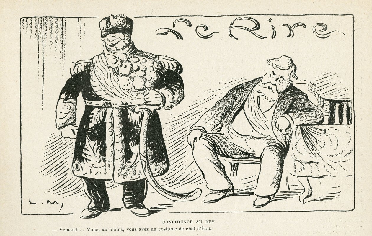 رسم إيضاحي في Le Rire ، 7/7/12 - Confidence au Bey - Colonization - Fallieres Armand (1813-1941) ، Naceur Bey (Mohamed El-Naceur Bey) (1855-1922) (نقش) بواسطة لوسيان ميتيفيت