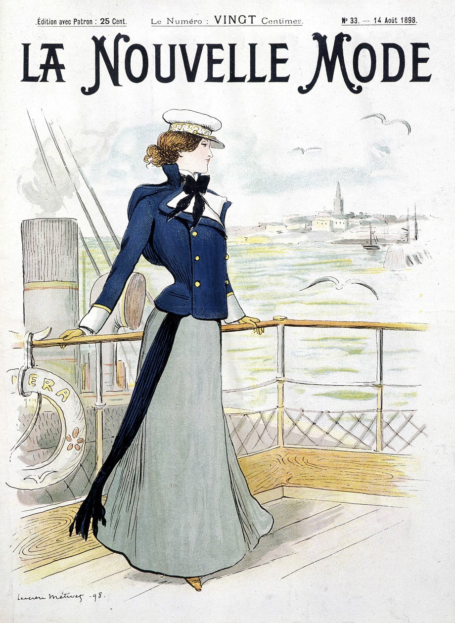Sailing: woman on the deck of a boat - drawing by L. Metivet, in “” La Nouvelle Mode”” بواسطة لوسيان ميتيفيت