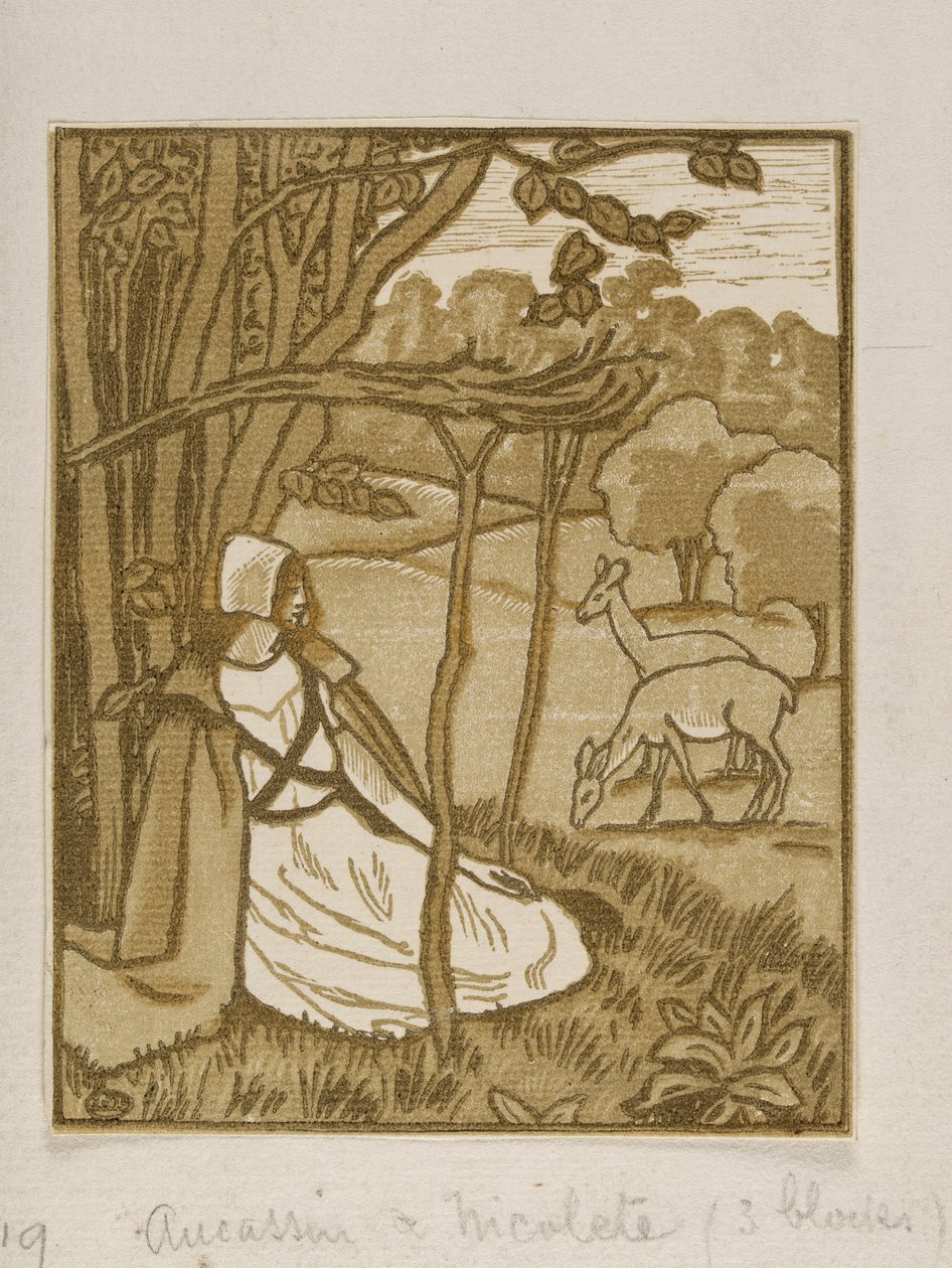 فتيات يجلسن تحت شجرة مع غزال ، نقش على الخشب لوسيان بيسارو ، c1880-1940 بواسطة لوسيان بيسارو