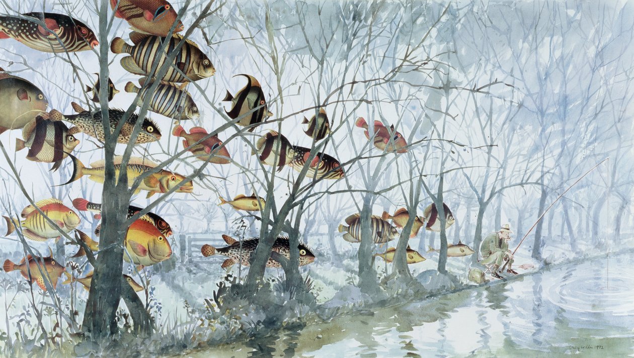 Fly Fishing ، 1992 (مرحاض ، ملصقة ، قلم وحبر على ورق) بواسطة لوسي ويليس