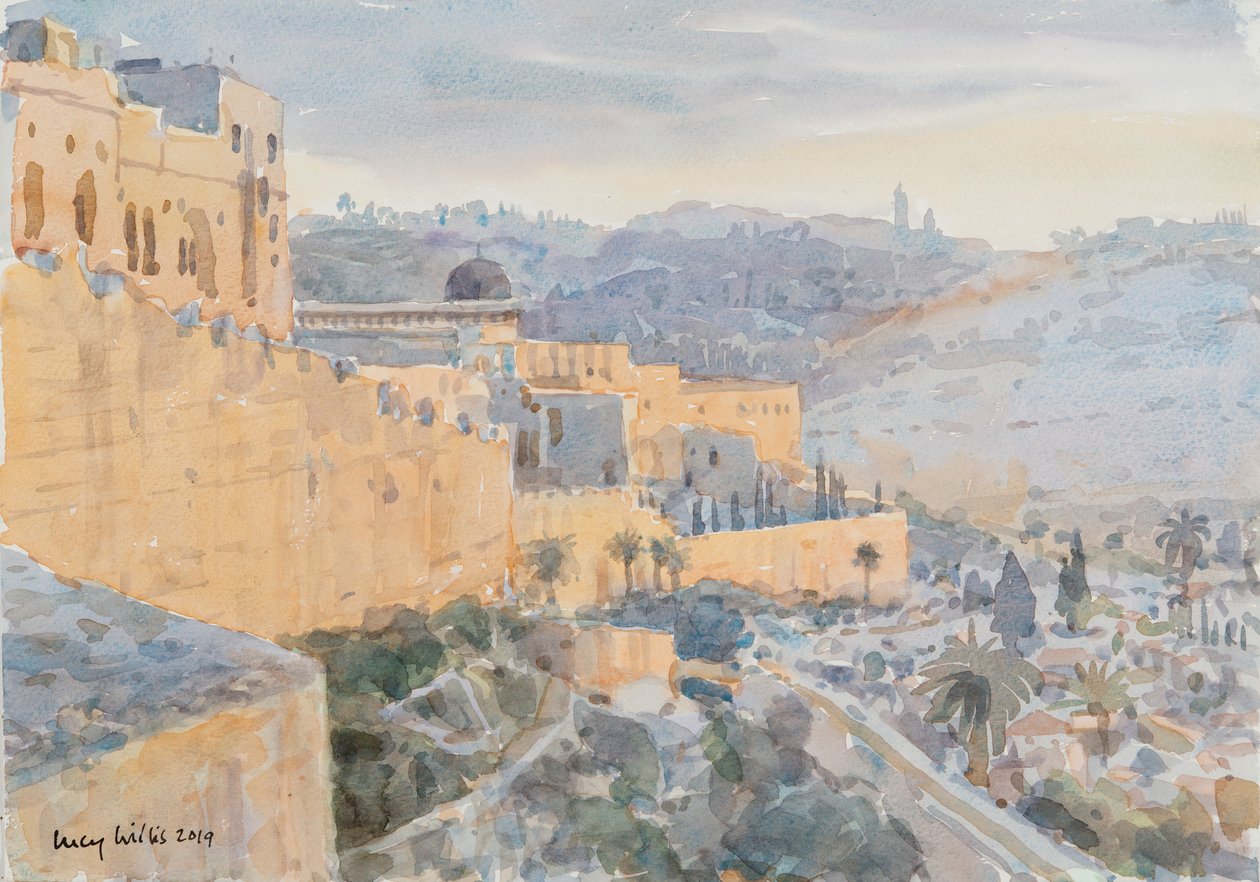 شروق الشمس على حائط المدينة ، القدس ، 2019 (بدون ورق على ورق) بواسطة لوسي ويليس