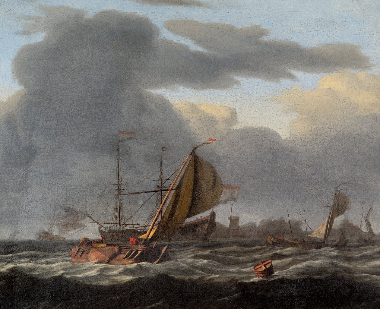 "سفينة حربية في مرساة في بحر هائج" ، c1660-c1708 بواسطة لودولف باكهويسن أنا