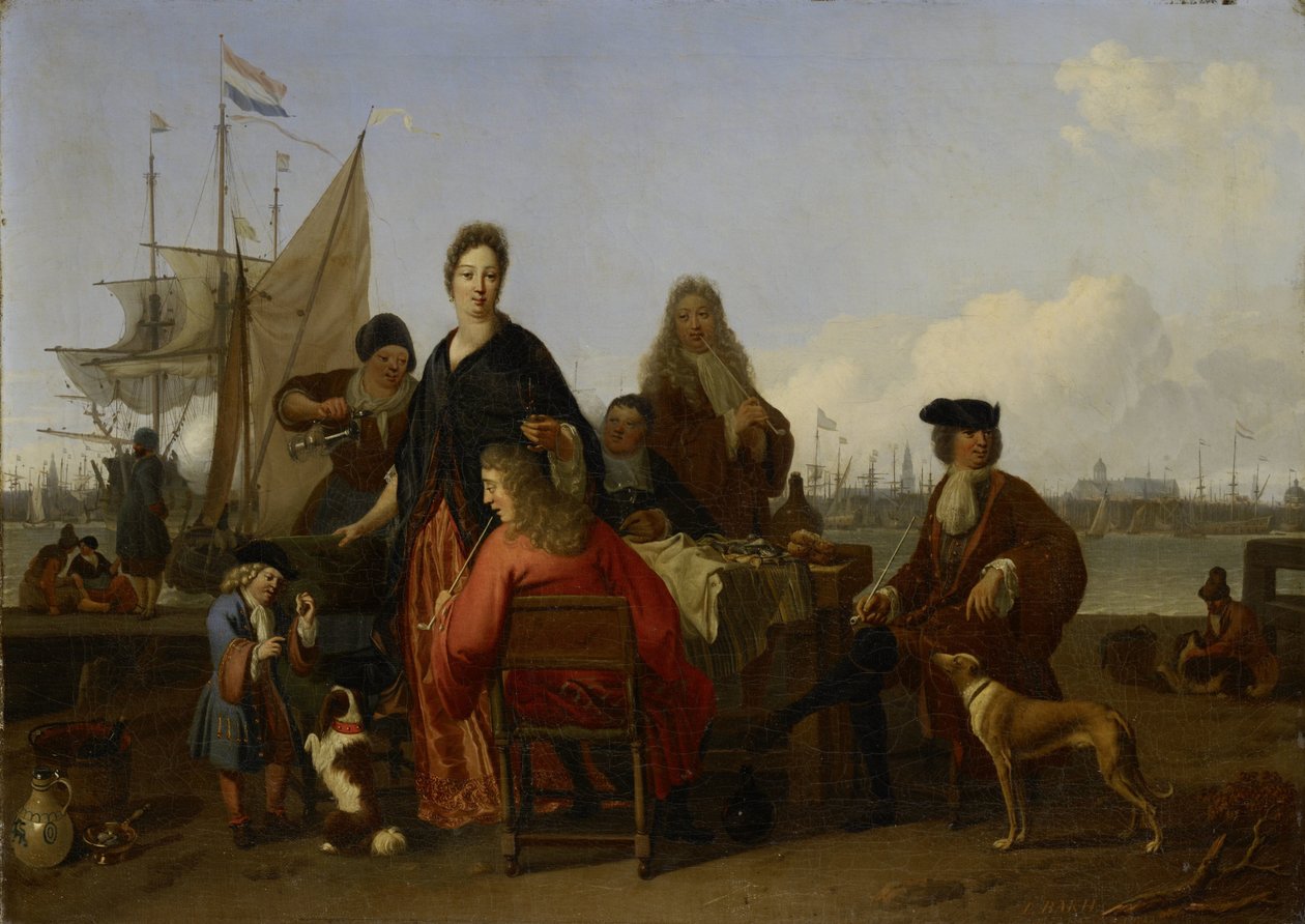 تتناول عائلة Bakhuysen و Hooghe تناول الطعام في Mosselsteiger (Mussel Pier) على Y ، أمستردام بواسطة Ludolf Bakhuysen (توقيع الفنان)