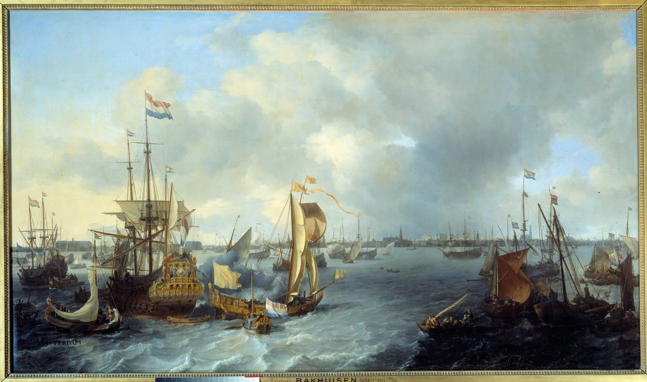 منظر لميناء أمستردام من لوحة Ij بواسطة Ludolf Backhuyzen (1631-1708) 1666 Sun. 1،28x2،21 م بواسطة لودولف الأول باكهوزين