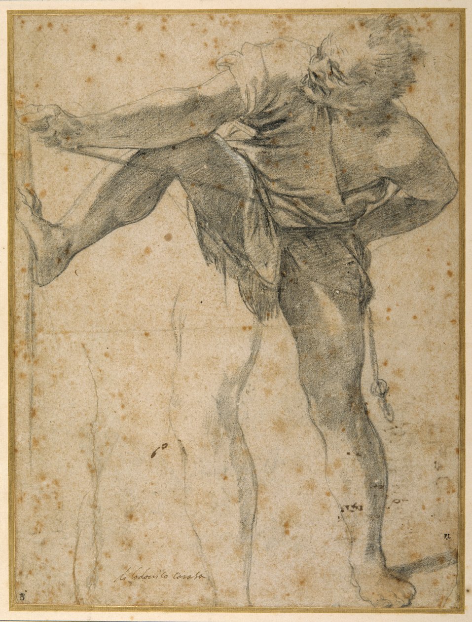 Man pulling on a rope, his left leg rehearsed a second time (black chalk on paper) بواسطة لودوفيكو كاراتشي