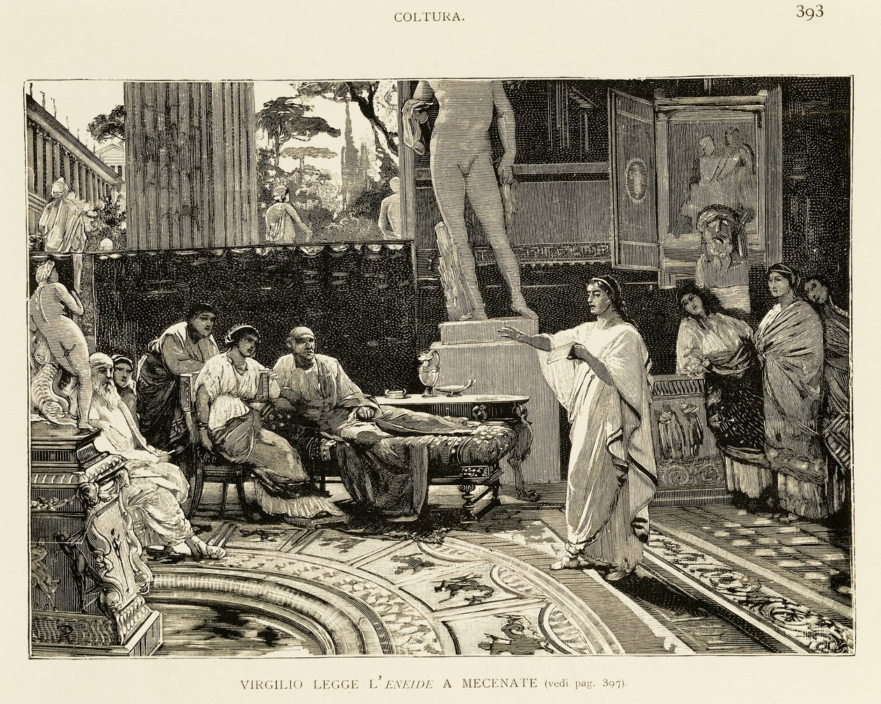 Maecenas يستمع إلى Virgil وهو يقرأ Aeneid ، رسم توضيحي لـ Lodovico Pogliaghi (1857-1950) للتاريخ المبكر لروما ، بقلم Francesco Bertolini (1836-1909) ، طبعة Fratelli Treves ، ميلان بواسطة لودوفيكو بوغلياجي