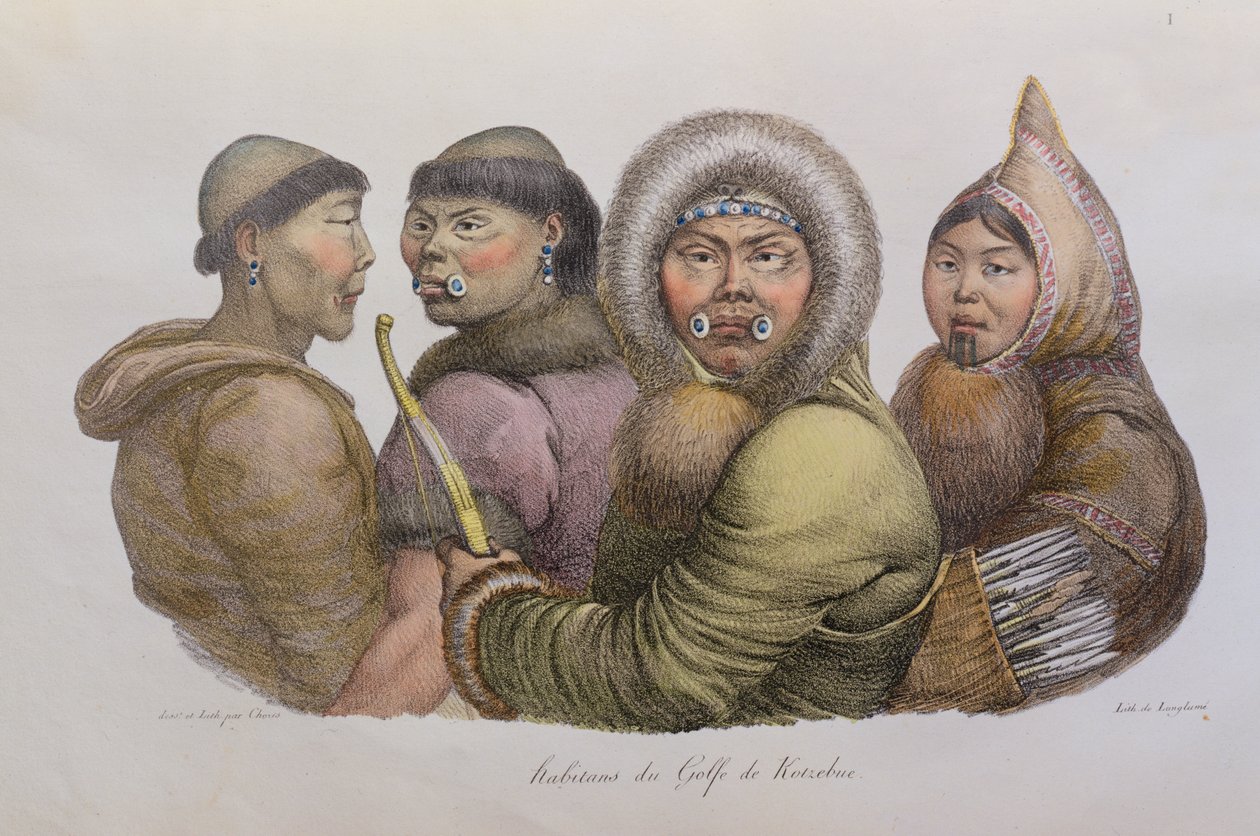 مواطنو خليج كوتزيبو ، ألاسكا ، من فوييج بيتوريسك أوتور دو موند ، تم نشره عام 1822 بواسطة لودفيج شوريس