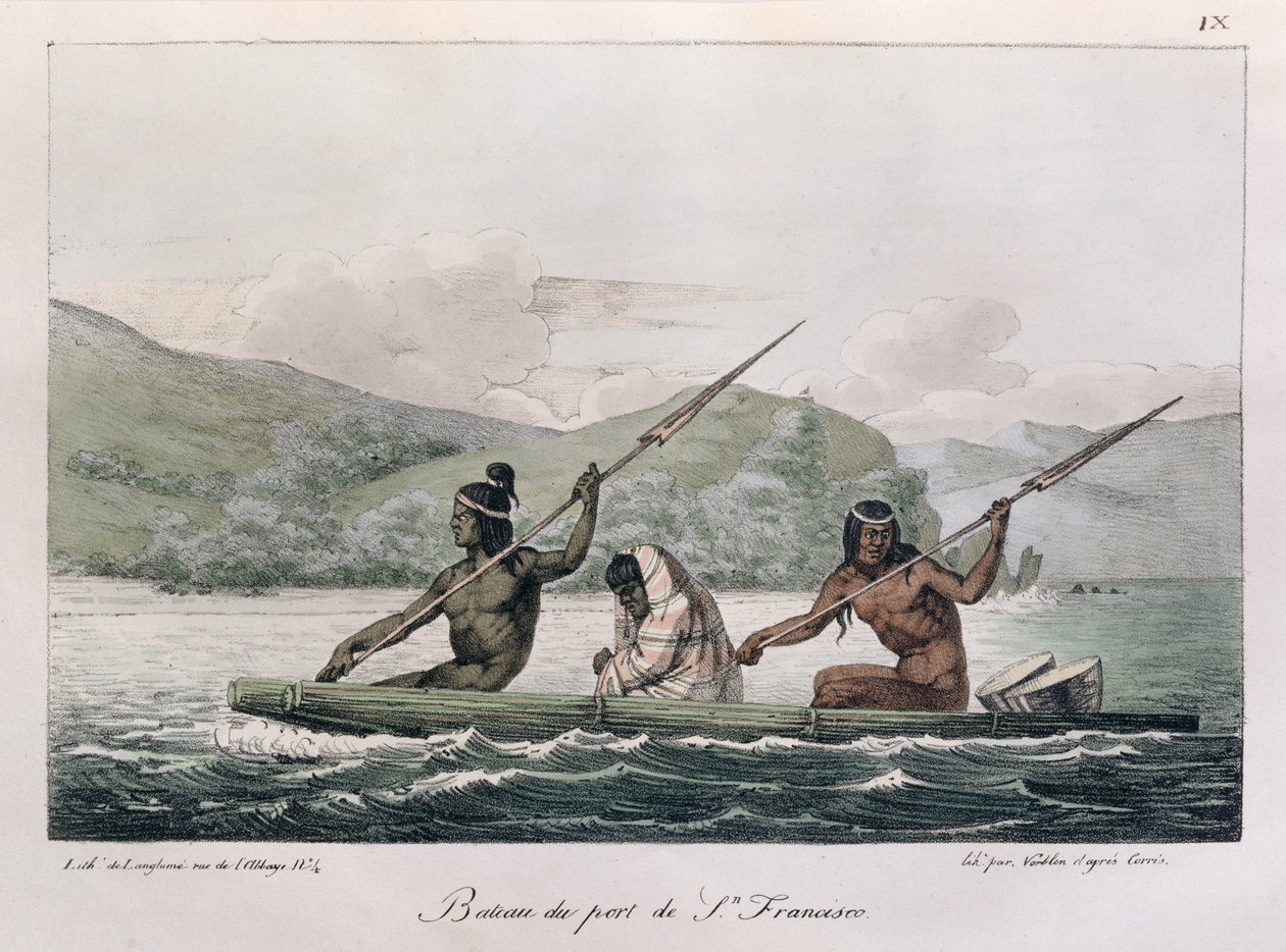 قارب من ميناء سان فرانسيسكو ، من "Voyage Pittoresque Autour du Monde" ، محفور بواسطة Jean Pierre Norblin (1745-1830) نشر عام 1822 بواسطة لودفيج شوريس