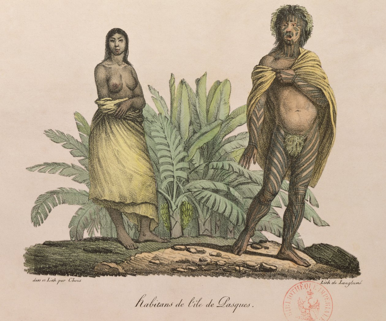 سكان جزيرة الفصح ، من "فوياج بيتوريسك أوتور دو موند" ، منقوش بواسطة ج. لانجلوم ، 1822 بواسطة لودفيج شوريس