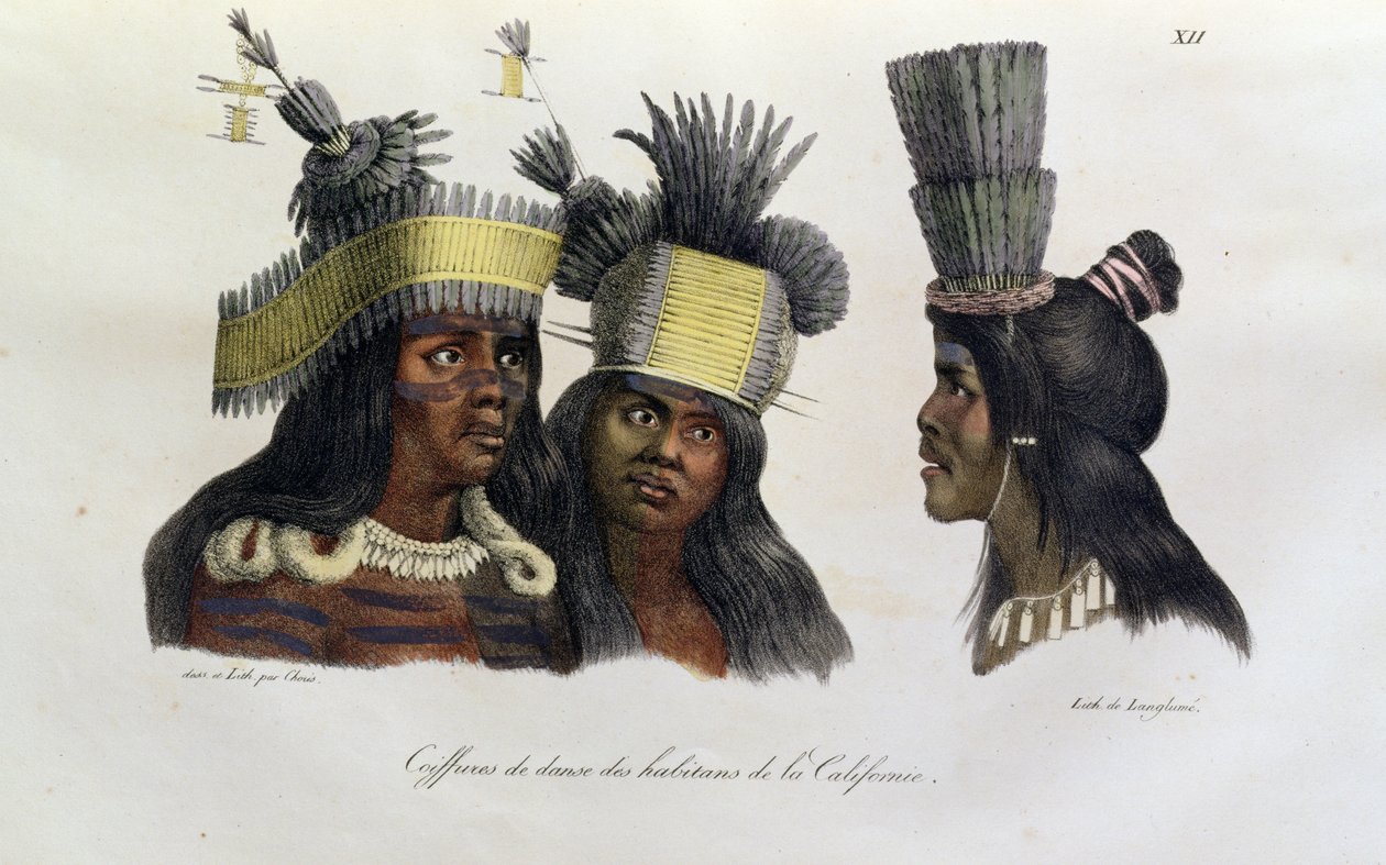 أغطية الرأس الطقسية التي يرتديها سكان كاليفورنيا ، من "Voyage Pittoresque Autour du Monde" ، تم نشرها عام 1822 بواسطة لودفيج شوريس