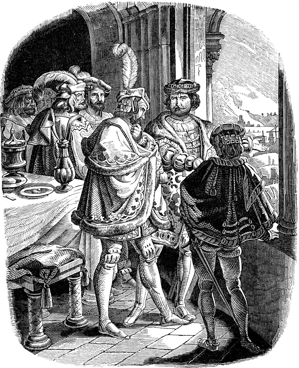 وجبة فريدريك الأول في قلعة هايدلبرغ 1462 توضيح من تاريخ الشعب الألماني بقلم إي دولر ، 1840 بواسطة لودفيج أدريان ريشتر