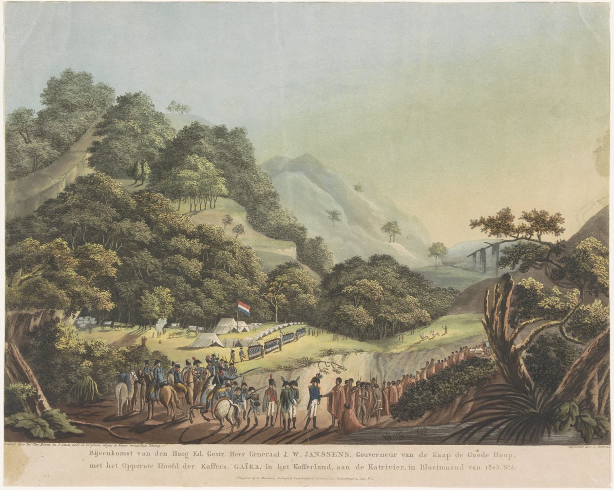 لقاء بين الحاكم العام يانسنز وزعيم Xhosa Gaika ، 1803 اجتماع من التعليم العالي. شارع. اللورد جنرال ج. يانسن. حاكم رأس الرجاء الصالح مع رئيس الكافرين الأعلى. Gaika ، في Kaffirland ، على نهر Katri بواسطة لودفيج جوتليب بورتمان