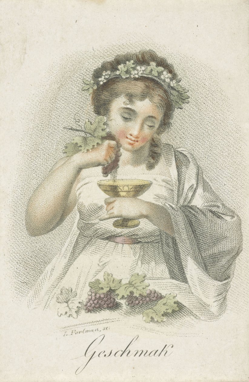 ذوق Geschmack (العنوان على الكائن) خمس حواس ممثلة بشخصيات أنثوية (عنوان المسلسل) Die Funf Sinne (عنوان المسلسل) بواسطة لودفيج جوتليب بورتمان