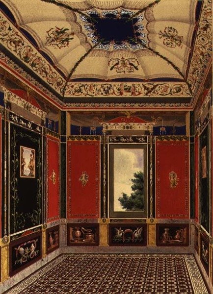 غرفة بومبيان التي رسمها أوغسطين أجليو (1777-1857) من "زخارف جناح الحديقة في أراضي قصر باكنغهام" بواسطة لودفيج جرونر