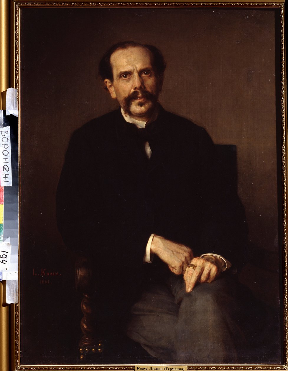"صورة لرجل" وهو يرتدي حلة سوداء وخاتم على إصبعه. لوحة لودفيج كناوس (1829-1910) متحف إيفان كرامسكوي (أو كرامسكوي) للفنون الجميلة في فورونيج (فورونيج) ، روسيا. بواسطة لودفيج كناوس