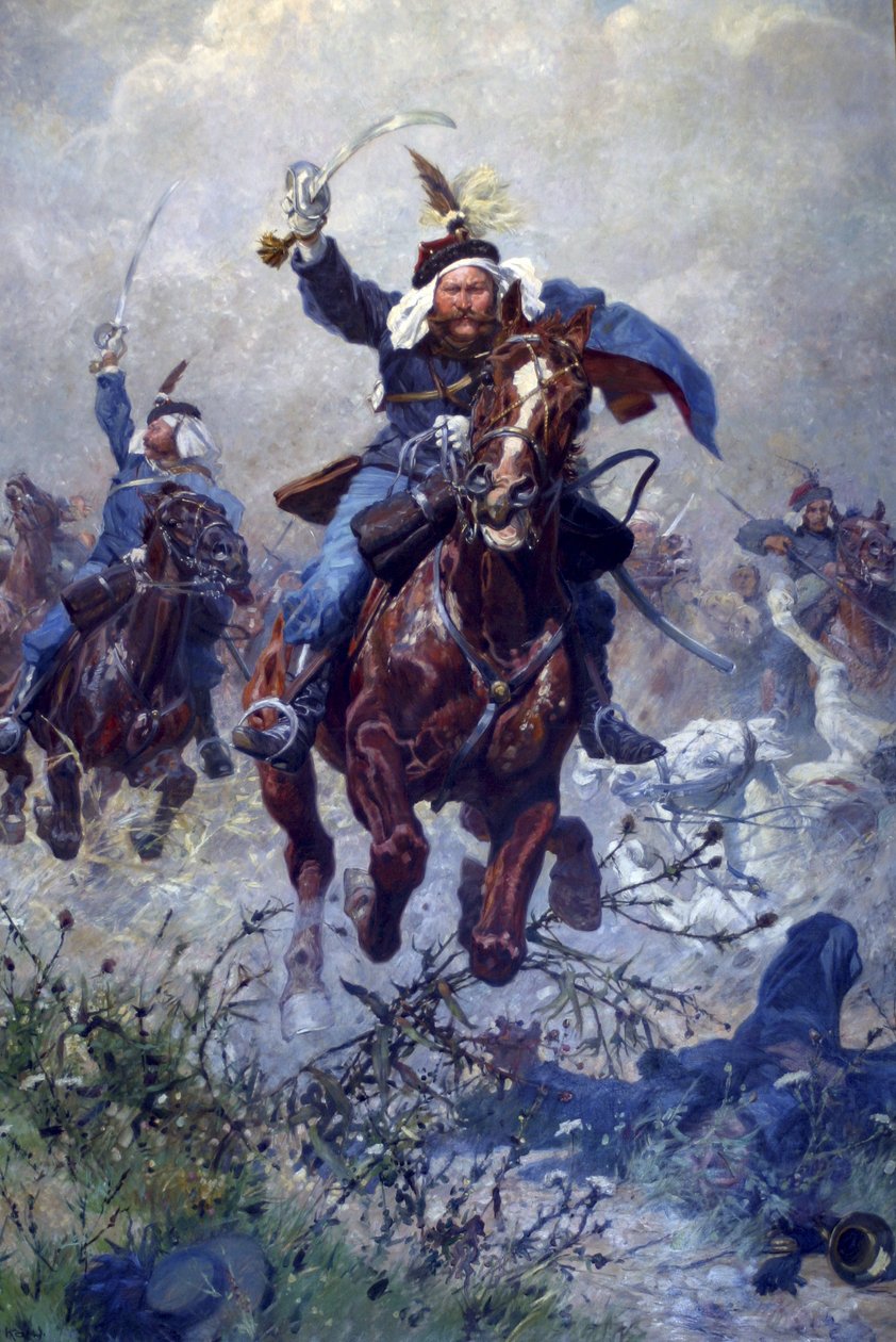 العقيد ماكسيميليان ريتر فون روداكووسكي والثالثة عشر من أولان في معركة كاستوزا في عام 1866 ، 1908 (زيت على الكتان) بواسطة لودفيج كوخ