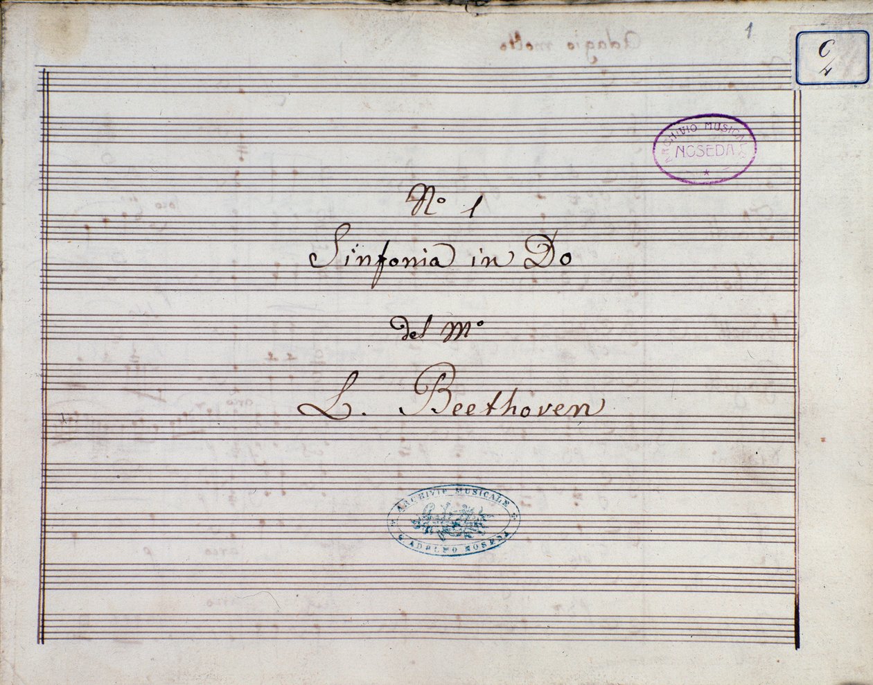 الصفحة الأولى من ورقة الموسيقى لـ Symphony no 1 en C major opus 21 ، بقلم لودفيج فان بيتهوفن بواسطة لودفيج فان بيتهوفن