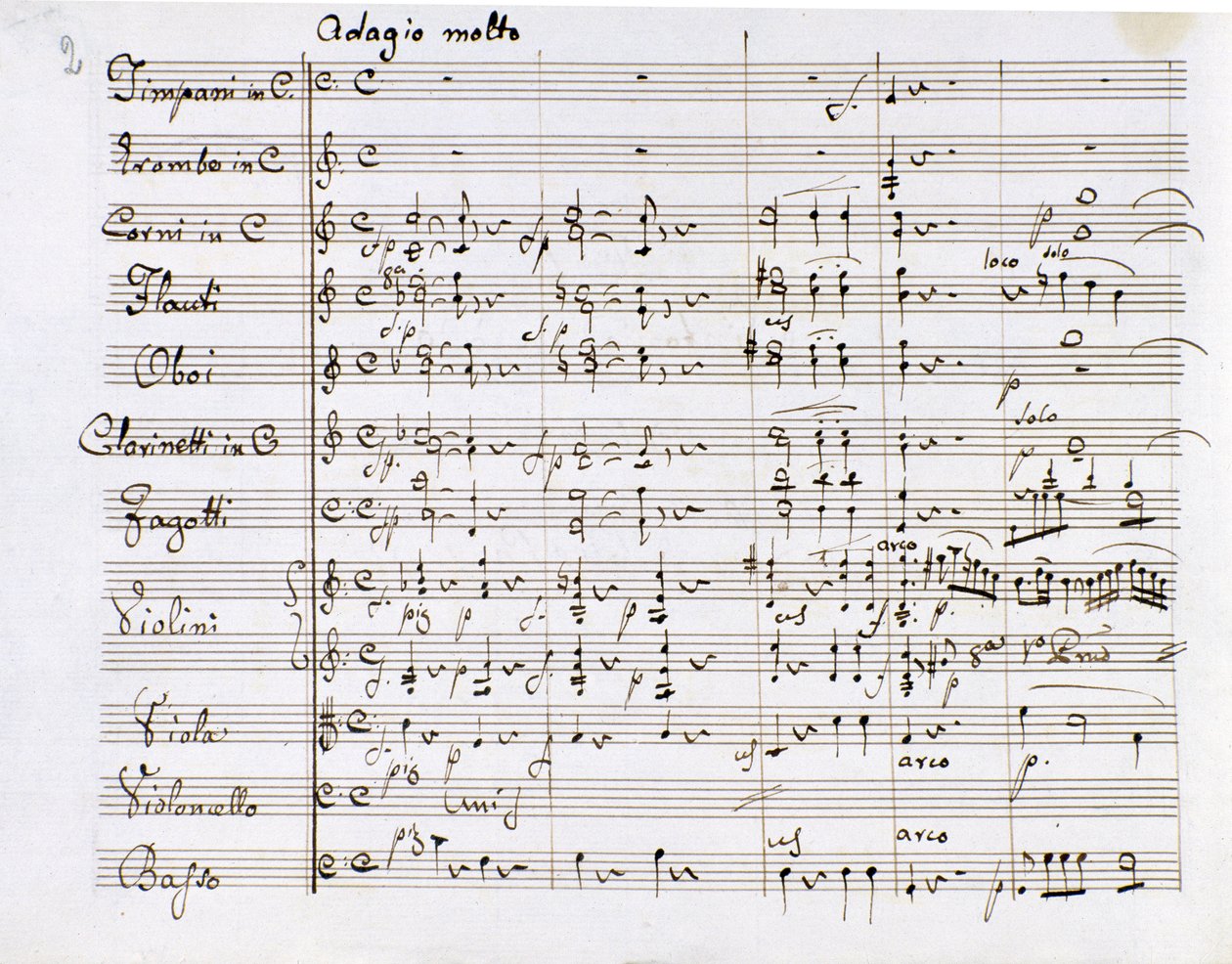 صفحة الموسيقى النوتة من Symphony n. المركز الأول في لغة سي الرئيسية للمؤلف الموسيقي الألماني لودفيج فان بيتهوفن (1770-1827) (1799-1800) ميلانو بيبليوتيكا ديل كونسيرفاتوريو بواسطة لودفيج فان بيتهوفن