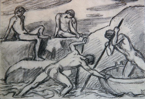 ملاح وشبان عراة على شاطئ أخضر (جرافيت على ورق) بواسطة لودفيج فون هوفمان