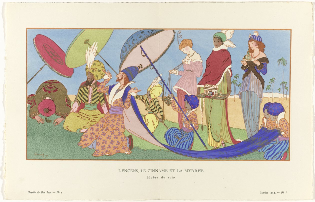 جازيت دو بون تون ، 1914 - رقم 1 ، الجزء الأول: البخور ، والسينام والمر / فساتين السهرة. (العنوان على الكائن) بواسطة لودفيك ستريمبل