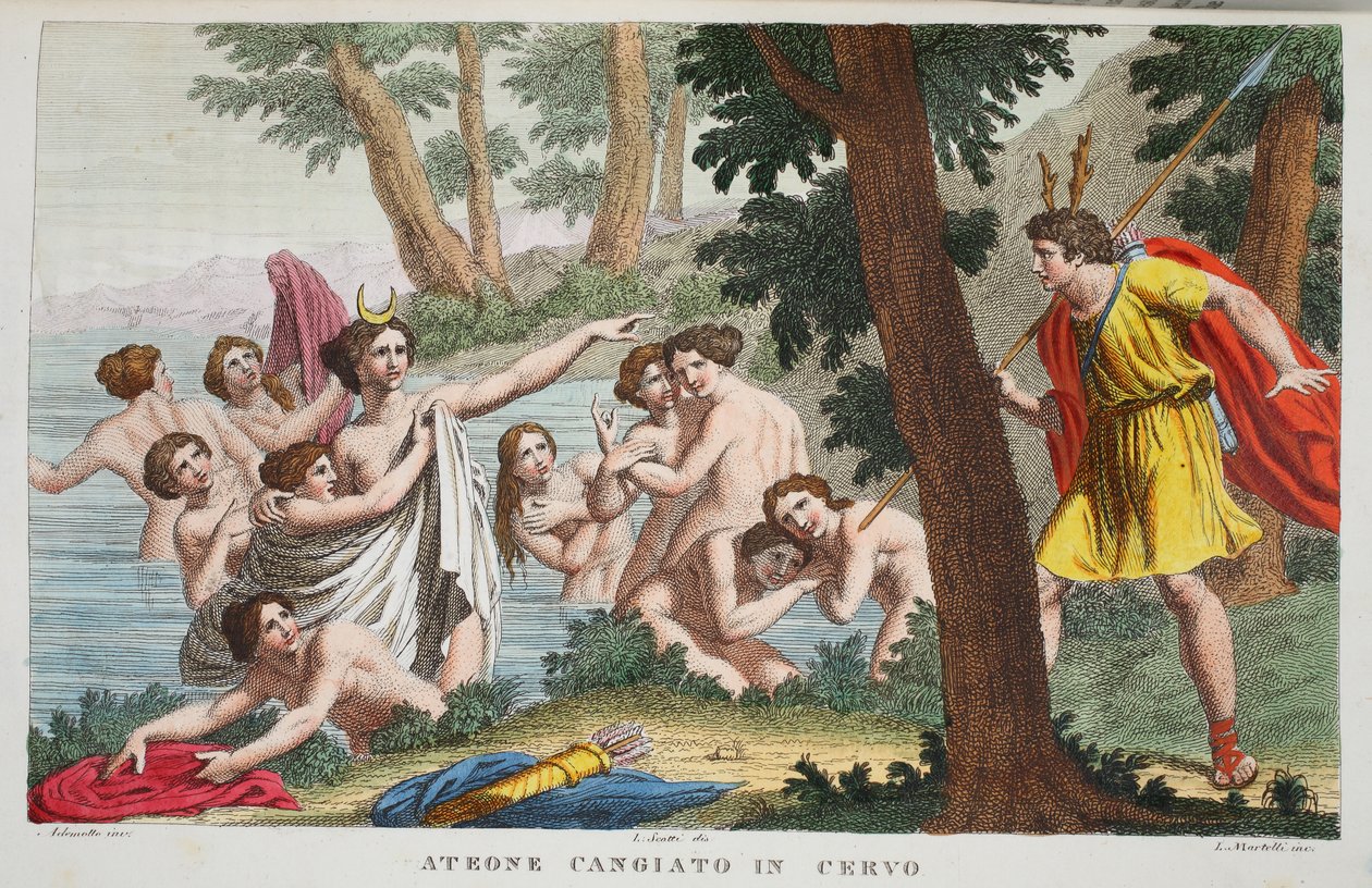 Actaeon to a Stag or Ateone Cangiato in Cervo ، رسم توضيحي من تحولات أوفيد ، فلورنسا ، 1832 (نقش يدوي) بواسطة لويجي أديمولو