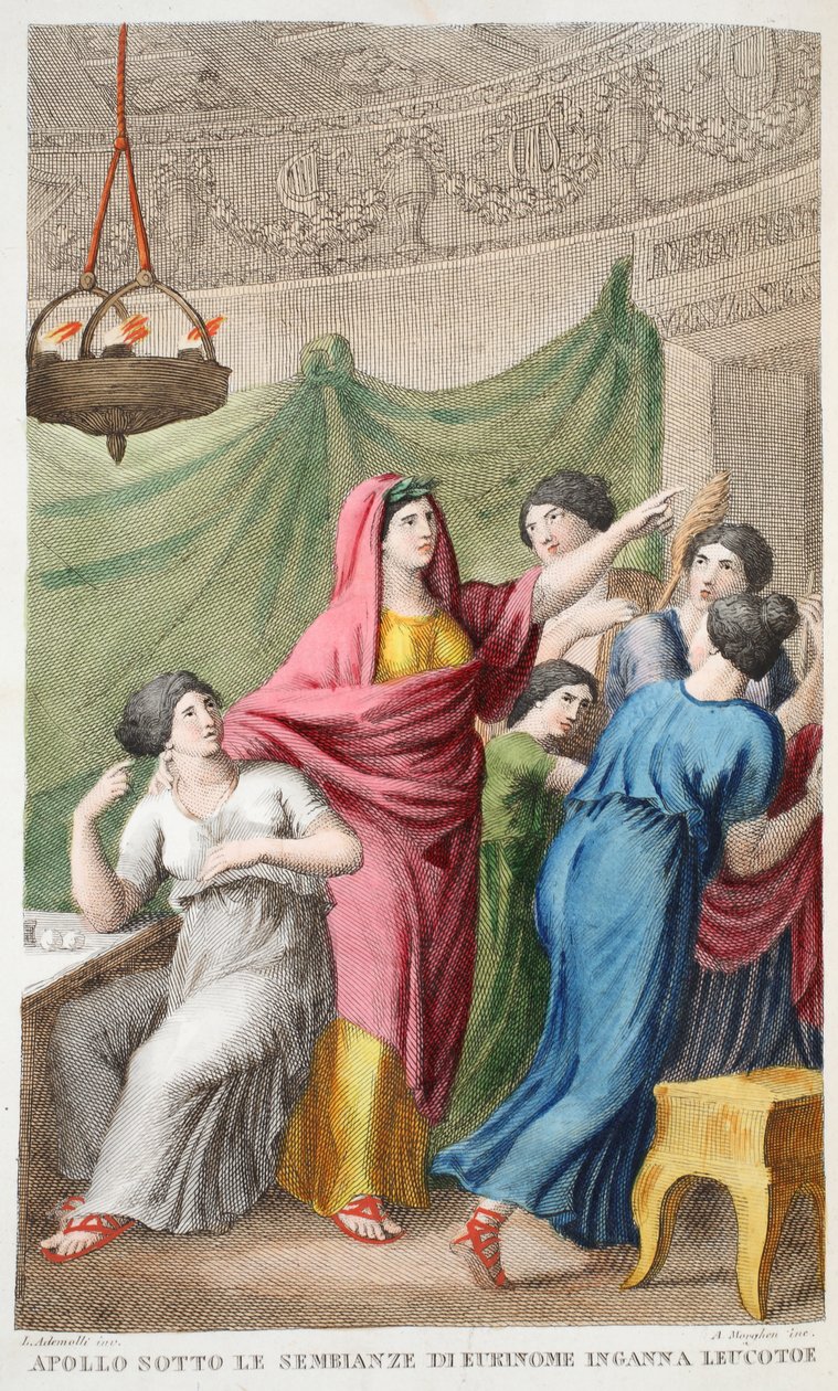 تمويه أبولو أو Apollo sotte le Sembianze di Eukinome Inganna Leucotto ، الكتاب الرابع ، رسم توضيحي من تحولات أوفيد ، فلورنسا ، 1832 (نقش يدوي) بواسطة لويجي أديمولو