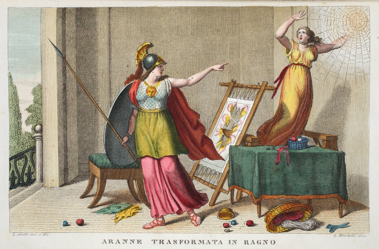 Arachne في العنكبوت أو Aranne Trasformata في Ragno ، الكتاب السادس ، رسم توضيحي من تحولات Ovid ، فلورنسا ، 1832 (النقش اليدوي) بواسطة لويجي أديمولو