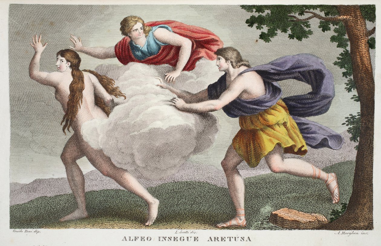 Arethusa إلى نافورة أو Alfeo Insegue Aretusa ، الكتاب الخامس ، رسم توضيحي من تحولات Ovid ، فلورنسا ، 1832 (نقش يدوي) بواسطة لويجي أديمولو