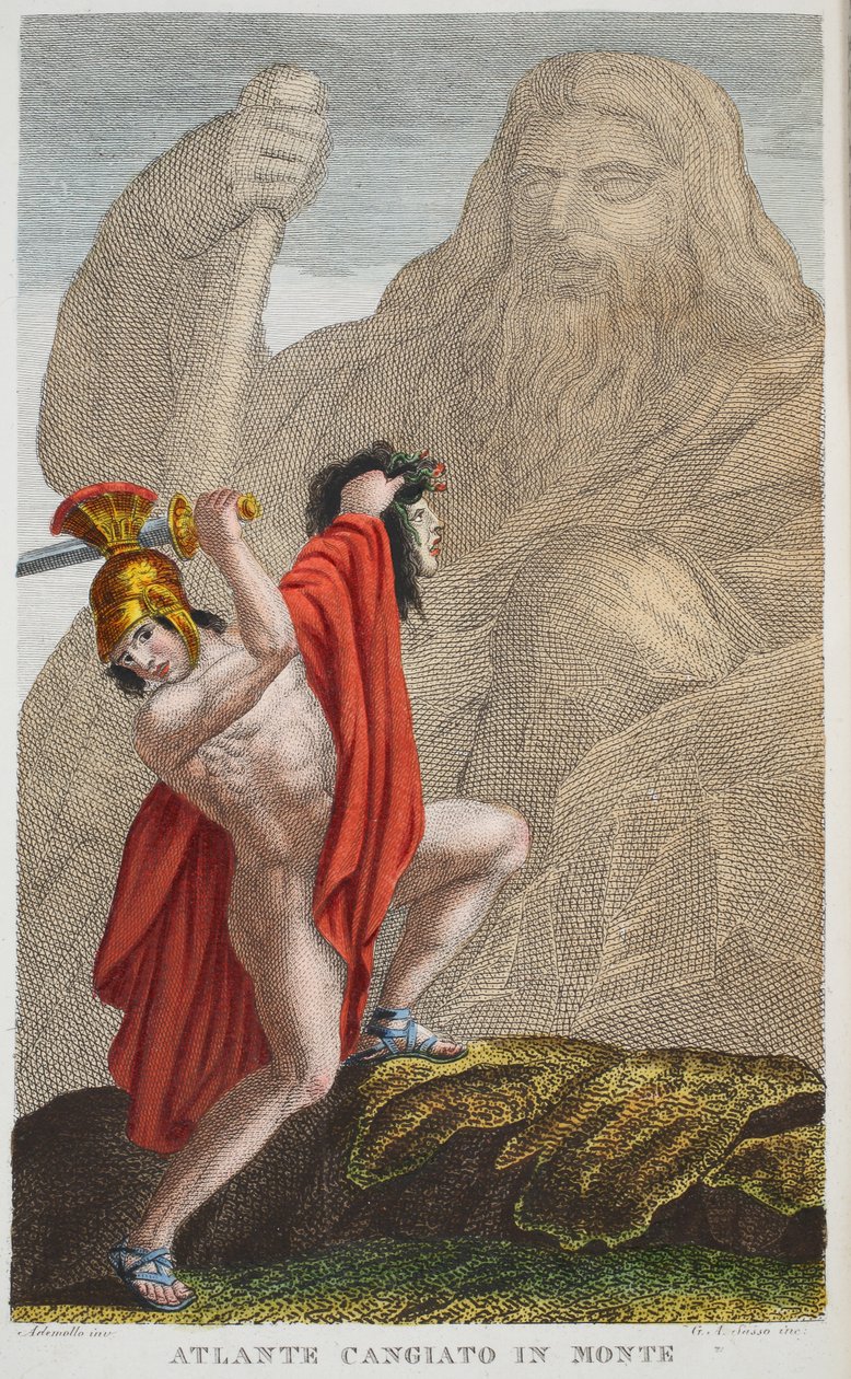 أطلس في جبل أو Atlante Cangiato في مونتي ، الكتاب الرابع ، رسم توضيحي من تحولات Ovid ، فلورنسا ، 1832 (نقش يدوي) بواسطة لويجي أديمولو