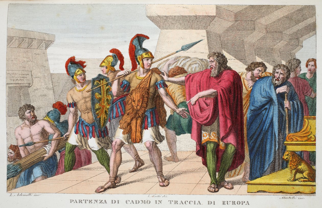 قدم Cadmus أو Partenza de Cadmo في Traccia di Europa ، الكتاب الثالث ، رسم توضيحي من تحولات Ovid ، فلورنسا ، 1832 (النقش اليدوي) بواسطة لويجي أديمولو
