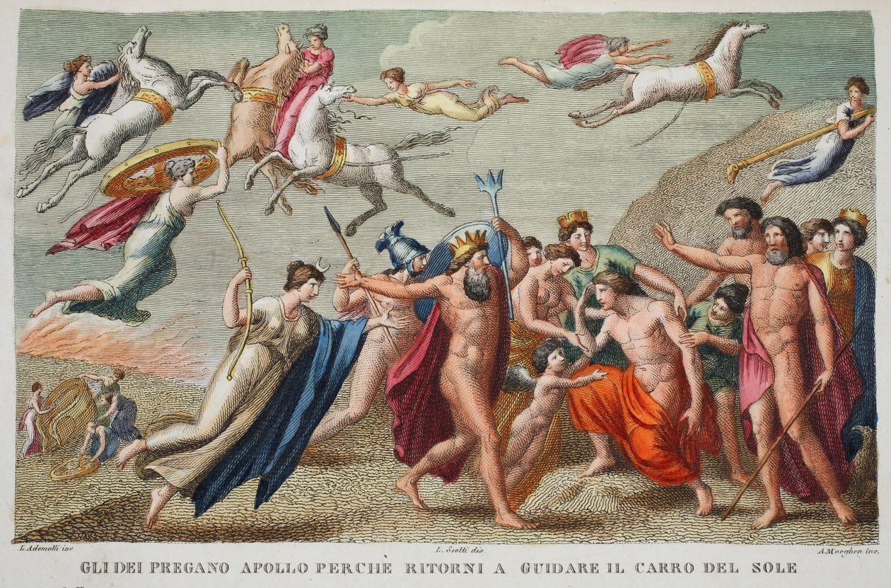 ترفض أبولو المهجورة القيادة أو The Gods Pray Apollo لأنك تعود لقيادة عربة الشمس ، التوضيح من Ovid&39;s Metamorphoses ، فلورنسا ، 1832 (النقش اليدوي) بواسطة لويجي أديمولو