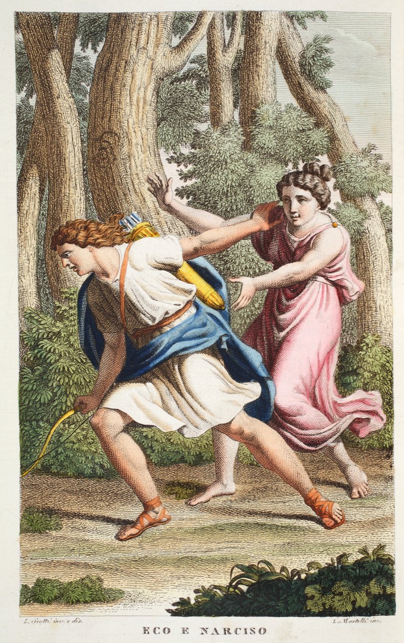 Echo and Narcissus or Eco e Narciso ، الكتاب الثالث ، صورة توضيحية من Ovid&39;s Metamorphoses ، فلورنسا ، 1832 (نقش يدوي) بواسطة لويجي أديمولو