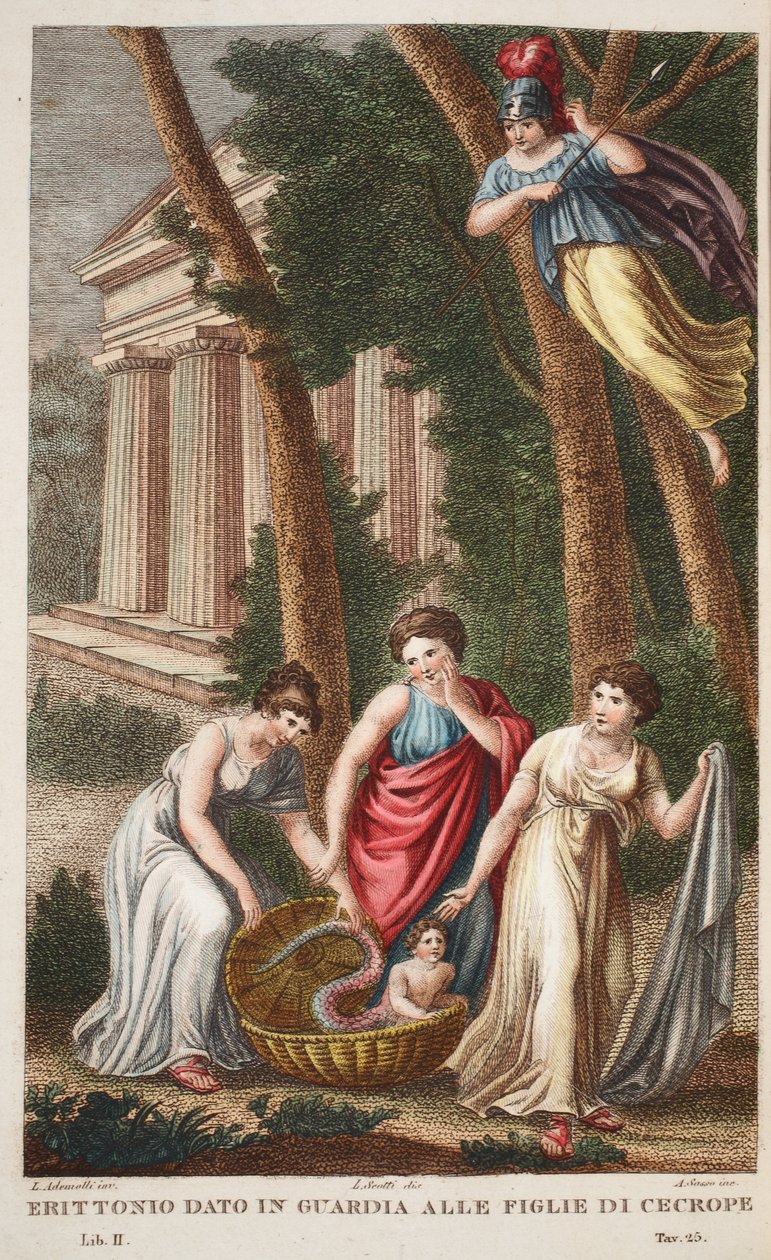 Erichthonius مع بيانات Dragon&39;s Feet أو Erittonio في Guardia alle Figlie de Cecrope ، Book II ، توضيح من Ovid&39;s Metamorphoses ، فلورنسا ، 1832 (النقش اليدوي) بواسطة لويجي أديمولو