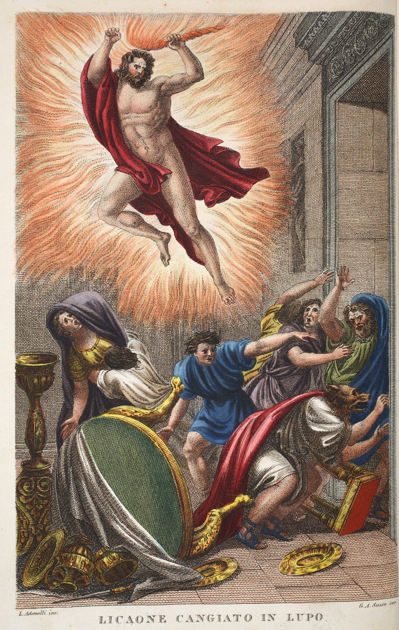Lycaon في ذئب أو Licaone Cangiato في Lupo ، صورة توضيحية من Ovid&39;s Metamorphoses ، فلورنسا ، 1832 (نقش يدوي) بواسطة لويجي أديمولو