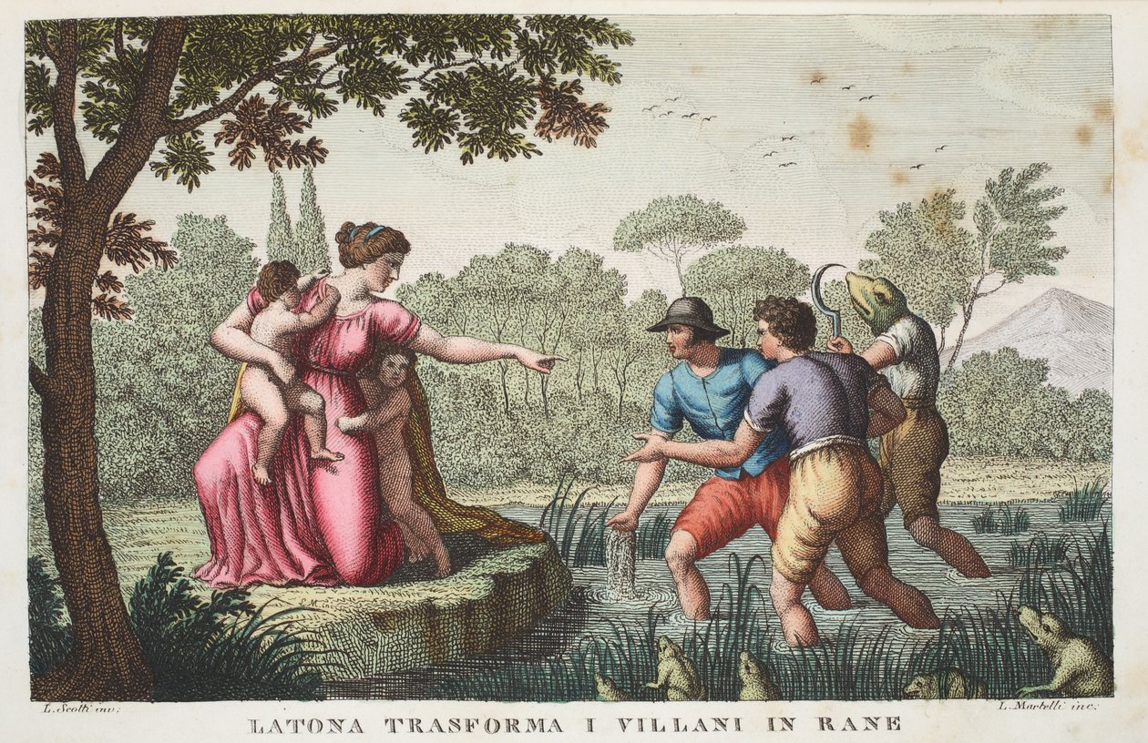 Lycian Rustics to Frogs أو Latona transforma I Villani in Rane ، الكتاب السادس ، رسم توضيحي من تحولات أوفيد ، فلورنسا ، 1832 (نقش يدوي) بواسطة لويجي أديمولو