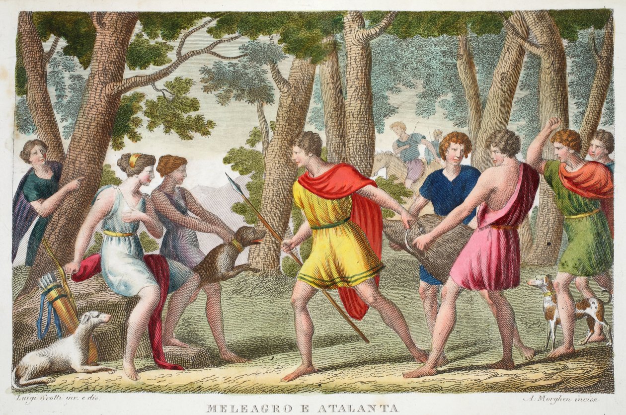 Meleager and Atlanta or Meleagro e Atalanta ، الكتاب الثامن ، رسم توضيحي من تحولات أوفيد ، فلورنسا ، 1832 (نقش يدوي) بواسطة لويجي أديمولو