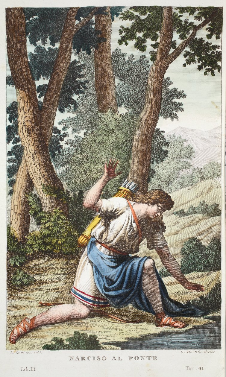 نرجس إلى زهرة أو Narciso al Fonte ، الكتاب الثالث ، رسم توضيحي من تحولات أوفيد ، فلورنسا ، 1832 (نقش يدوي) بواسطة لويجي أديمولو