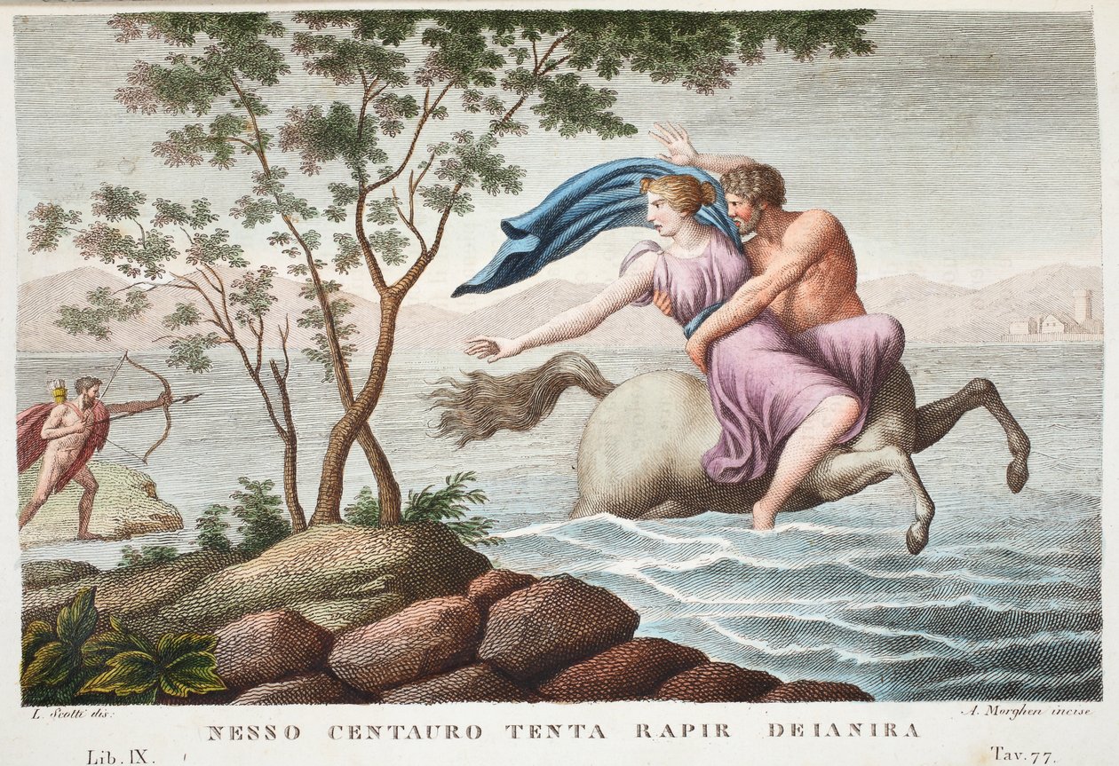 Nessus and Deianira or Nesso Centauro tenta rapir Deianira ، الكتاب التاسع ، رسم توضيحي من تحولات أوفيد ، فلورنسا ، 1832 (نقش يدوي) بواسطة لويجي أديمولو