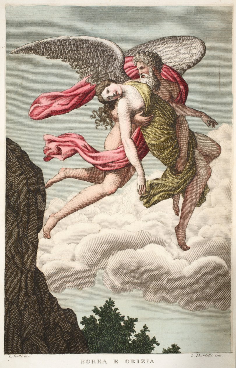 Orithyia يتم اغتصابه بواسطة Boreas أو Borea e Orizia ، الكتاب السادس ، رسم توضيحي من تحولات Ovid ، فلورنسا ، 1832 (النقش اليدوي) بواسطة لويجي أديمولو