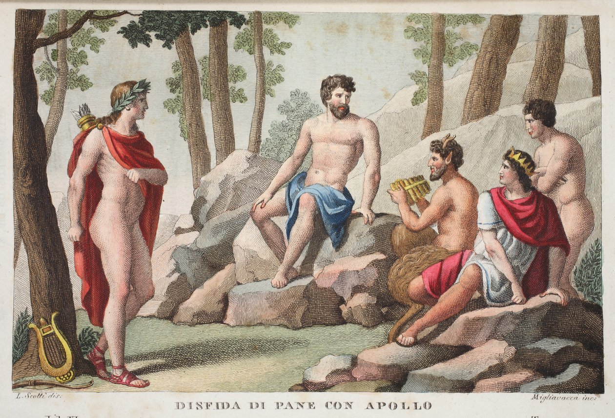 بان وأبولو أو Dinfida di Pane con Apollo ، الكتاب الحادي عشر ، رسم توضيحي من تحولات أوفيد ، فلورنسا ، 1832 (نقش يدوي) بواسطة لويجي أديمولو